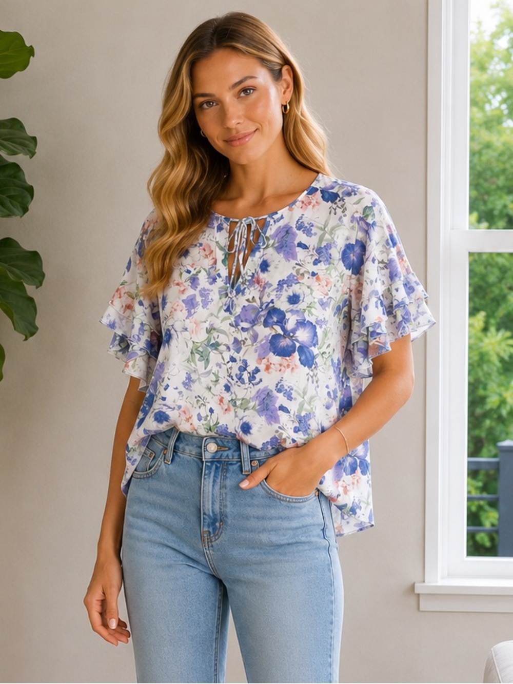NWT Joie Tie Neck Blouse Lilac Cream Floral size 1X